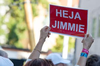 A supporter of Sweden Democrat leader Jimmie Ã… kesson holds a sign reading "Go Jimmie" during Ã… kesson's speech at Almedalen Week in Visby on July 7 2016 (Photo by Julia Reinhart / NurPhoto via Getty Images)