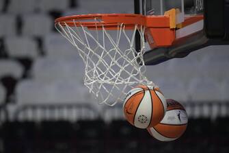UNCASVILLE, CT - SEPTEMBER 04: A general view of two basketballs after going through the net during shootaround prior to Game 3 of the Semifinals of the WNBA Playoffs between the Chicago Sky and the Connecticut Sun on September 4, 2022, at Mohegan Sun Arena in Uncasville, CT. (Photo by Erica Denhoff/Icon Sportswire via Getty Images)