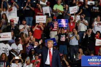 YOUNGSTOWN, OH - SEPTEMBER 17: Former President Donald Trump speaks at a Save America Rally to support Republican candidates running for state and federal offices in the state of Ohio at the Covelli Centre on September 17, 2022 in Youngstown, Ohio. Republican Senate candidate JD Vance and Rep. Jim Jordan(R-OH) spoke to supporters along with Former President Trump.(Photo by Jeff Swensen/Getty Images)