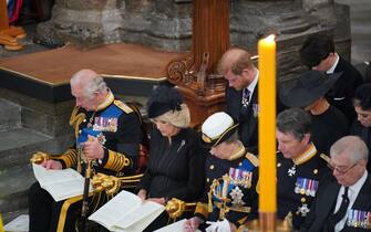 (front row) King Charles III, the Queen Consort, the Princess Royal, Vice Admiral Sir Tim Laurence and the Duke of York, and (second row) the Duke of Sussex, the Duchess of Sussex, and Princess Beatrice, and (thrid row) Samuel Chatto during the State Funeral of Queen Elizabeth II at Westminster Abbey in London. Picture date: Monday September 19, 2022.