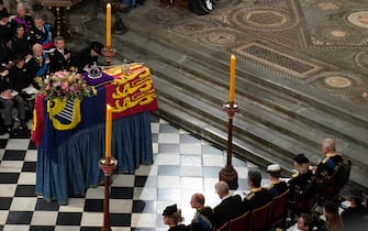 General view of the coffin placed near the altar at the State Funeral of Queen Elizabeth II, held at Westminster Abbey, London., Credit:Gareth Fuller / Avalon