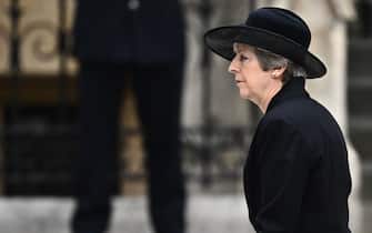 Former British Prime Minister Theresa May arrives at Westminster Abbey in London on September 19, 2022, for the State Funeral Service for Britain's Queen Elizabeth II. - Leaders from around the world will attend the state funeral of Queen Elizabeth II. The country's longest-serving monarch, who died aged 96 after 70 years on the throne, will be honoured with a state funeral on Monday morning at Westminster Abbey. (Photo by Marco BERTORELLO / AFP) (Photo by MARCO BERTORELLO/AFP via Getty Images)
