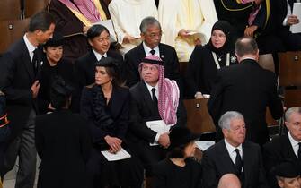 King Abdullah II and Queen Rania Al-Abdullah of Jordan attending the State Funeral of Queen Elizabeth II, held at Westminster Abbey, London. Picture date: Monday September 19, 2022.