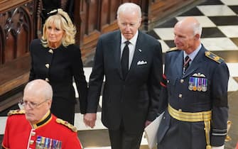 US President Joe Biden (centre) and First Lady Jill Biden arrive at the State Funeral of Queen Elizabeth II, held at Westminster Abbey, London. Picture date: Monday September 19, 2022.