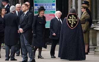President of Ireland Michael D Higgins and his wife Sabina arriving at the State Funeral of Queen Elizabeth II, held at Westminster Abbey, London. Picture date: Monday September 19, 2022.