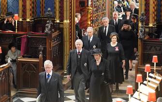(left to right, from front) Former prime ministers Sir John Major and his wife Lady Norma Major, Tony Blair and his wife Cherie Blair, Gordon Brown and his wife Sarah Brown, David Cameron and his wife Samanatha Cameron, arriving at the State Funeral of Queen Elizabeth II, held at Westminster Abbey, London. Picture date: Monday September 19, 2022.