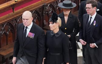 Members of the royal family (left to right, from front) Mike Tindall and Zara Tindall, Princess Eugenie and Jack Brooksbank, Princess Beatrice and Edoardo Mapelli Mozzi, arriving at the State Funeral of Queen Elizabeth II, held at Westminster Abbey, London.  Picture date: Monday September 19, 2022.