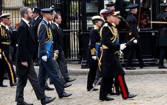 King Charles III, the Princess Royal, the Duke of York and the Earl of Wessex followed by the Prince of Wales and the Duke of Sussex as the coffin of Queen Elizabeth II leaves Westminster Hall for the State Funeral at Westminster Abbey, London. Picture date: Monday September 19, 2022.