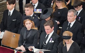 Members of the royal family (front row, left to right) Princess Beatrice, Edoardo Mapelli Mozzi, Lady Louise Windsor, (second row, left to right) Samuel Chatto, Arthur Chatto, Lady Sarah Chatto and Daniel Chatto, at the State Funeral of Queen Elizabeth II, held at Westminster Abbey, London. Picture date: Monday September 19, 2022.