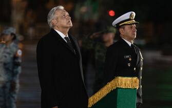 MEXICO CITY, MEXICO - SEPTEMBER 19: The President of Mexico, Andrés Manuel López Obrador  with the Secretary of the Navy, José Rafael Ojeda Durán during an event  on September 19, 2022 in Mexico City, Mexico. (Photo by Cristopher Rogel Blanquet/Getty Images)