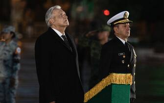 1425207310 MEXICO CITY, MEXICO - SEPTEMBER 19: The President of Mexico, Andrés Manuel López Obrador with the Secretary of the Navy, José Rafael Ojeda Durán during an event on September 19, 2022 in Mexico City, Mexico. (Photo by Cristopher Rogel Blanquet/Getty Images)