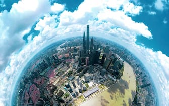 aerial 360 degree view of sunny shanghsi city and skyline,shoot by drone