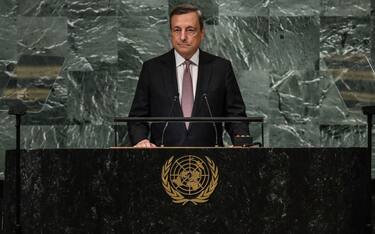 NEW YORK, NY - SEPTEMBER 20: Mario Draghi, President of Italy, addresses the General Assembly at the United Nations on September 20, 2022 in New York City. After two years of holding the session virtually or in a hybrid format, 157 heads of state and representatives of government are expected to attend the General Assembly in person.(Photo by Stephanie Keith/Getty Images)