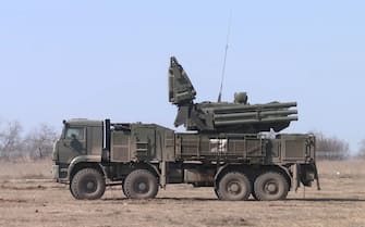 KHERSON REGION, UKRAINE – MARCH 25, 2022: A Pantsir-S surface-to-air missile and anti-aircraft artillery system involved in the Russian special military operation in Ukraine. Russian Defence Ministry/TASS/Sipa USA