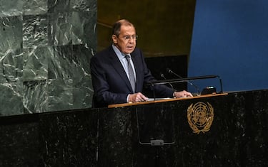 NEW YORK, NY - SEPTEMBER 24 : Russian Foreign Minister Sergey Lavrov gives a speech during the 77th session of the United Nations General Assembly (UNGA) at U.N. headquarters on September 24, 2022 in New York City. After two years of holding the session virtually or in a hybrid format, 157 heads of state and representatives of government are expected to attend the General Assembly in person. (Photo by Stephanie Keith/Getty Images)