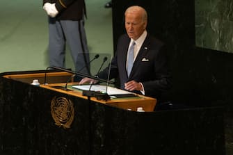 US President Joe Biden speaks during the United Nations General Assembly (UNGA) in New York, US, on Wednesday, Sept. 21, 2022. All eyes will be on Biden on Wednesday as he tries to rally international support for Ukraine following Russia's escalation with world leaders gathered at the United Nations. Photographer: Jeenah Moon/Bloomberg via Getty Images