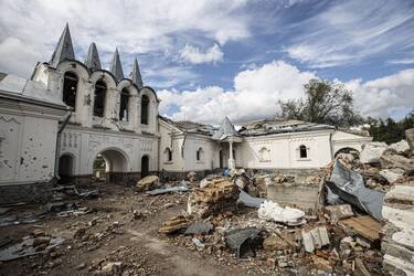 DOLINA, DONETSK, UKRAINE - SEPTEMBER 24: Heavily damaged St. George's Monastery in the village of Dolyna in Donetsk Oblast, Ukraine after the withdrawal of Russian troops on September 24, 2022. Many houses and St. George's Monastery were destroyed in the Russian attacks. Ukraine said on Saturday that its soldiers were entering the city of Lyman in the eastern region of Donetsk, which Russia had annexed a day earlier. (Photo by Metin Aktas/Anadolu Agency via Getty Images)