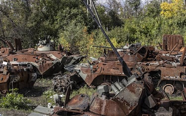 KHARKIV, UKRAINE - OCTOBER 02: Destroyed Russian armored vehicles left behind by the Russian forces in Izium, Kharkiv, Ukraine on October 02, 2022. (Photo by Metin Aktas/Anadolu Agency via Getty Images)