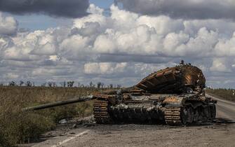 KHARKIV, UKRAINE - OCTOBER 02: A destroyed Russian armored vehicle left behind by the Russian forces in Izium, Kharkiv, Ukraine on October 02, 2022. (Photo by Metin Aktas/Anadolu Agency via Getty Images)