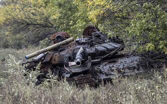 KHARKIV, UKRAINE - OCTOBER 02: A destroyed Russian armored vehicle left behind by the Russian forces in Izium, Kharkiv, Ukraine on October 02, 2022. (Photo by Metin Aktas/Anadolu Agency via Getty Images)