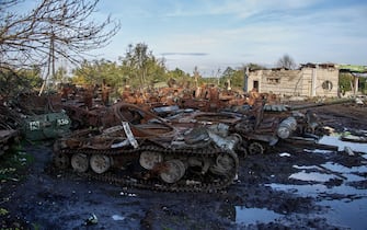 epa10215022 A junkyard of destroyed army vehicles near Izyum, Kharkiv region, Ukraine, 29 September 2022 (issued 30 September 2022). The Ukrainian army pushed Russian troops from occupied territory in the northeast of the country in a counterattack. Kharkiv and surrounding areas have been the target of heavy shelling since February 2022, when Russian troops entered Ukraine starting a conflict that has provoked destruction and a humanitarian crisis.  EPA/SERGEY KOZLOV