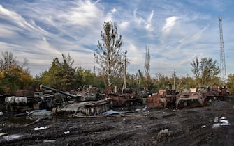 epa10215025 A junkyard of destroyed army vehicles near Izyum, Kharkiv region, Ukraine, 29 September 2022 (issued 30 September 2022). The Ukrainian army pushed Russian troops from occupied territory in the northeast of the country in a counterattack. Kharkiv and surrounding areas have been the target of heavy shelling since February 2022, when Russian troops entered Ukraine starting a conflict that has provoked destruction and a humanitarian crisis.  EPA/SERGEY KOZLOV