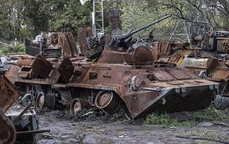 KHARKIV, UKRAINE - OCTOBER 02: Destroyed Russian armored vehicles left behind by the Russian forces in Izium, Kharkiv, Ukraine on October 02, 2022. (Photo by Metin Aktas/Anadolu Agency via Getty Images)
