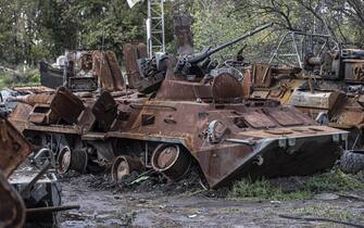 1243692196 KHARKIV, UKRAINE - OCTOBER 02: Destroyed Russian armored vehicles left behind by the Russian forces in Izium, Kharkiv, Ukraine on October 02, 2022. (Photo by Metin Aktas/Anadolu Agency via Getty Images)