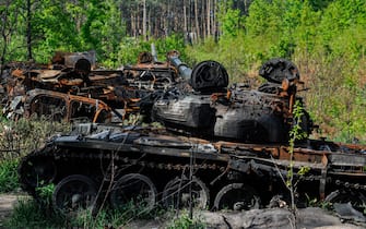 Destroyed military armored vehicles of the Russian army seen at Dmytrivka village near the Ukrainian capital Kyiv. Russia invaded Ukraine on 24 February 2022, triggering the largest military attack in Europe since World War II. (Photo by Sergei Chuzavkov / SOPA Images/Sipa USA)