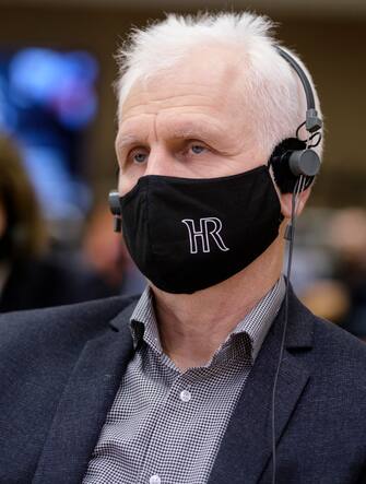 BRUSSELS, BELGIUM - DECEMBER 16: Ales Bialiatski listens during a press conference in the European Parliament on December 16, 2020 in Brussels, Belgium. Ales Viktaravich Bialiatsky is a Belarusian political activist known for his work as the head of the Viasna Human Rights Center, the main human rights organisation in Belarus. The European Parliament awards the Sakharov Prize, with its 50 000 endowment, at a formal plenary sitting in Brussels towards the end of each year. (Photo by Thierry Monasse/Getty Images)