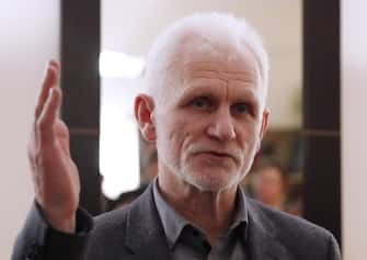 A Belarussian human rights activist Ales Bialiatski (also transliterated as Alex Belyatsky) talks to media, as he receives the Franco-German Prize for Human Rights and the Rule of Law during a ceremony in Minsk, Belarus, 11 December 2019. This annual prize has been awarded since 2016 to people who have made an exceptional contribution to the protection and promotion of human rights and the rule of law in their country and at the international level, local media reports. ANSA/TATYANA ZENKOVICH