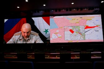 MOSCOW, RUSSIA - SEPTEMBER 06: The commander of the Russian forces in Syria, Col Gen Sergei Surovikin speaks to the media at the Ministry of Defence of the Russian Federation in Moscow, Russia on September 06, 2017. (Photo by Sefa Karacan/Anadolu Agency/Getty Images)