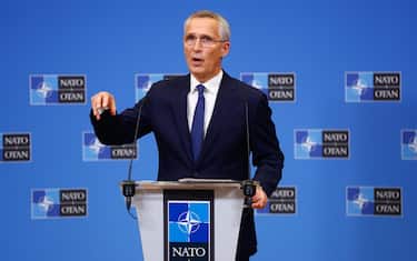 epa10236184 NATO Secretary General Jens Stoltenberg speaks during a pre-ministerial press conference at the Alliance headquarters in Brussels, Belgium, 11 October 2022. Meetings of the North Atlantic Council (NAC) at the level of Defense Ministers will be held at the NATO Headquarters on 12 and 13 October 2022.  EPA/STEPHANIE LECOCQ