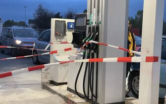 GOUSSAINVILLE, FRANCE - OCTOBER 10: Lanes are placed on gasoline pumps to show they are out of order at a gas station as fuel shortage continues in Goussainville, France on October 10, 2022. (Photo by Esra Taskin/Anadolu Agency via Getty Images)