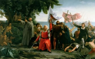 First landing of Christopher Columbus in America, 1862. Found in the Collection of Museo de Belas Artes da Coru&#xf1;a, Coru&#xf1;a.
