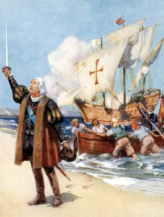 A depiction of Genoese navigator Christopher Columbus (1451 - 1506) claiming possession of the New World, 1492. (Photo by Universal History Archive/Getty Images)