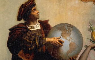 ITALY - JULY 18: Christopher Columbus (1451-1506), detail from Allegory on Charles V of Habsburg (1500-1558) as Ruler of the world, painting by Peter Johann Nepomuk Geiger (1805-1880), Throne Room, Miramare castle, Trieste, Friuli-Venezia Giulia, Italy. (Photo by DeAgostini/Getty Images)