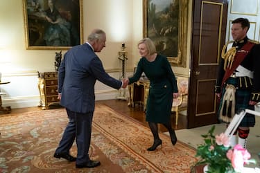 LONDON, ENGLAND - OCTOBER 12: King Charles III meets Prime Minister Liz Truss during their weekly audience at Buckingham Palace on October 12, 2022 in London, England. (Photo by Kirsty O'Connor - WPA Pool/Getty Images)