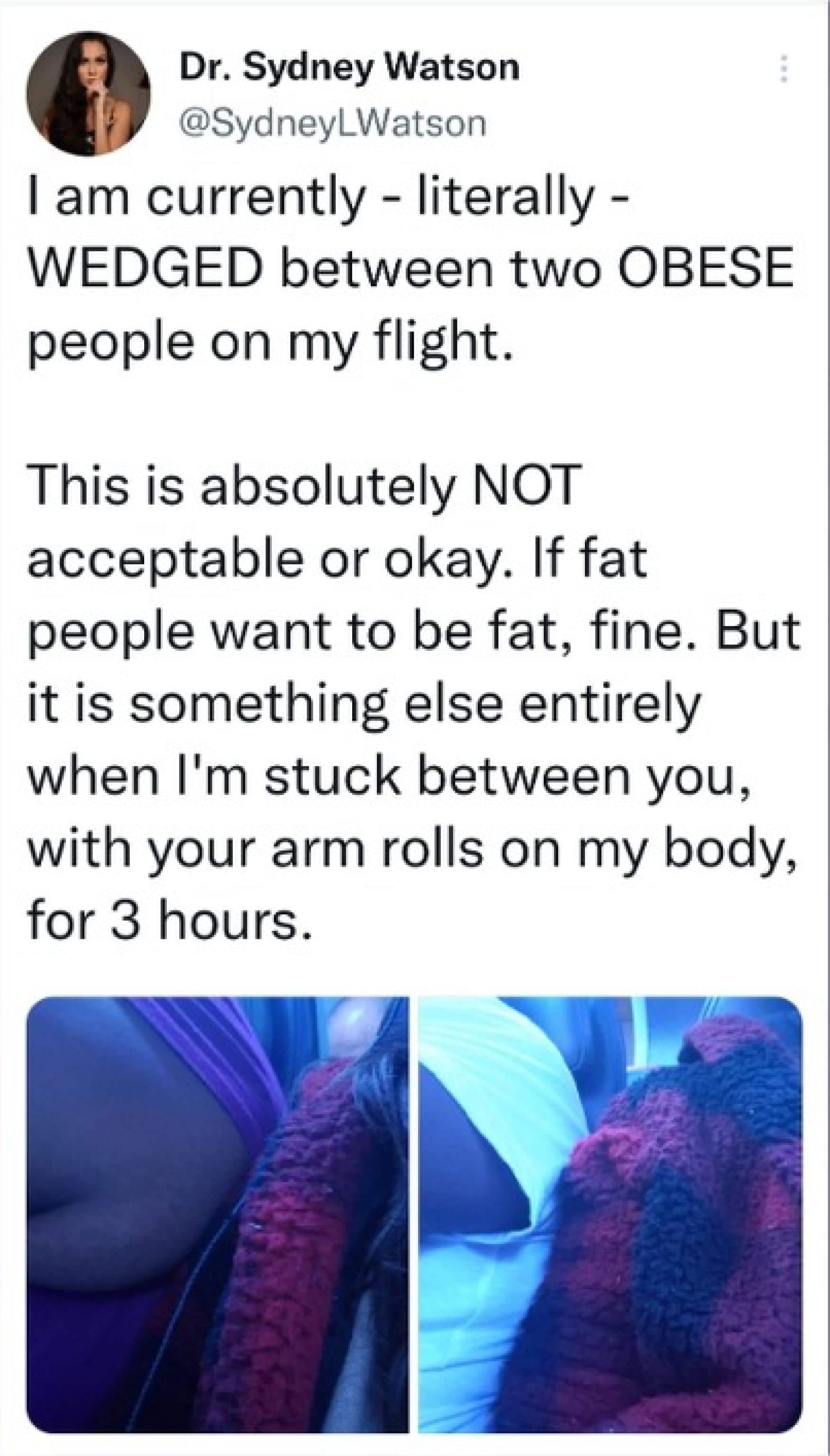 Il post su Twitter della youtuber australiana Sydney Watson che ha chiesto un risarcimento del biglietto del volo per essere rimasta ''incastrata per tutto il volo tra due persone obese", 18 ottobre 2022. TWTTER +++ ATTENZIONE LA FOTO NON PUO' ESSERE PUBBLICATA O RIPRODOTTA SENZA L'AUTORIZZAZIONE DELLA FONTE DI ORIGINE CUI SI RINVIA+++