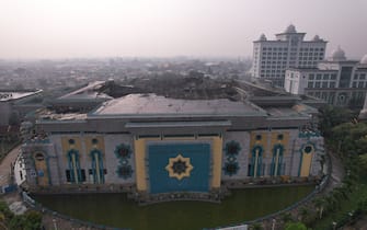 JAKARTA, INDONESIA - OCTOBER 20: An aerial photo shows a collapsed dome of Jakarta Islamic Center Mosque after a fire that occurred yesterday in Jakarta, Indonesia on October 20, 2022. (Photo by Riky Sultana/Anadolu Agency via Getty Images)
