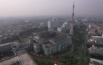 JAKARTA, INDONESIA - OCTOBER 20: An aerial photo shows a collapsed dome of Jakarta Islamic Center Mosque after a fire that occurred yesterday in Jakarta, Indonesia on October 20, 2022. (Photo by Riky Sultana / Anadolu Agency via Getty Images)