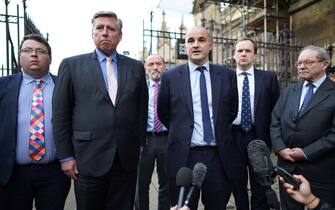 Chairman of the 1922 Committee of backbench Conservatives Sir Graham Brady (second left) and Conservative Party Chairman Jake Berry (center) make a statement about the Conservative leadership election outside the Houses of Parliament, London, after Liz Truss announced her resignation as Prime Minister.  Picture date: Thursday October 20, 2022.