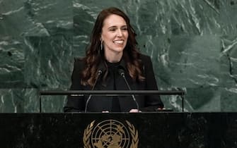 epa10202084 New Zealand s Prime Minister Jacinda Ardern addresses the General Debate of the 77th session of the United Nations General Assembly in the General Assembly hall at United Nations Headquarters in New York, New York, USA, 23 September 2022.  EPA/JUSTIN LANE