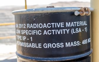 ARANDIS, NAMIBIA - APRIL 5, 2019: A barrel containing radioactive material stands at an Uranium mine near Arandis, Namibia, on April 5, 2019. The Rossing Uranium Mine in Namibia is one of the oldest and largest open uranium mines in the world, and is located in the Namibe desert, on the surroundings of Arandis, about 70 km away from the coastal city of Swakopmund. (Photo by Christian Ender/Getty Images)