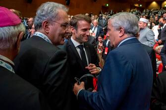 President of the French Republic Emmanuel Macron with Italian Foreign Minister Antonio Tajani at the international meeting for Peace entitled  'The Cry for Peace -Religions and Cultures in Dialogue' (Il grido della Pace  Religioni e Culture in dialogo), in Rome, Italy, 23 October 2022.  EPA/FRANCESCO AMMENDOLA / QUIRINALE PALACE / HANDOUT  HANDOUT EDITORIAL USE ONLY/NO SALES