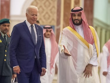 JEDDAH, SAUDI ARABIA - JULY 15: (----EDITORIAL USE ONLY Ã¢ MANDATORY CREDIT - "ROYAL COURT OF SAUDI ARABIA / HANDOUT" - NO MARKETING NO ADVERTISING CAMPAIGNS - DISTRIBUTED AS A SERVICE TO CLIENTS----) US President Joe Biden (L) being welcomed by Saudi Arabian Crown Prince Mohammed bin Salman (R) at Alsalam Royal Palace in Jeddah, Saudi Arabia on July 15, 2022. (Photo by Royal Court of Saudi Arabia / Handout/Anadolu Agency via Getty Images)