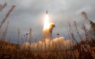 epa10267250 A handout still image taken from a handout video provided by the Russian Defence ministry press-service shows 'Yars' intercontinental ballistic missile launches at Plesetsk Cosmodrome to Kura Test Range during training to test the Russian strategic deterrence forces in Plesetsk, Russia, 26 October 2022. The Russian military held a training session during which they practiced a massive nuclear strike in response to an enemy nuclear attack. Valery Gerasimov, Chief of the General Staff of the Armed Forces of the Russian Federation, said that the Yars missile system of the Strategic Missile Forces, the strategic missile submarine of the Northern Fleet Tula, and two Tu-95MS missile carriers were involved in the training.  EPA/RUSSIAN DEFENCE MINISTRY PRESS SERVICE / HANDOUT  HANDOUT EDITORIAL USE ONLY/NO SALES