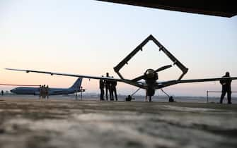 epa09227772 A view of the Turkish Bayraktar TB2 combat drones at the Incirlik air base, Turkey, 25 May 2021. The official visit of the Polish presidential couple to Turkey is underway. Poland has signed an agreement to purchase four sets with 24 unmanned aerial air apparatuses capable of carrying anti-tank missiles.  EPA/LESZEK SZYMANSKI POLAND OUT