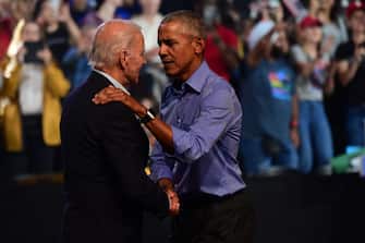 PHILADELPHIA, PA - NOVEMBER 05: President Joe Biden (L) and former U.S. President Barack Obama (R) embrace on stage during a rally for Pennsylvania Democratic Senate nominee John Fetterman and Democratic gubernatorial nominee Josh Shapiro at the Liacouras Center on November 5, 2022 in Philadelphia, Pennsylvania. Fetterman will face Republican nominee Dr. Mehmet Oz as Shapiro faces Republican Doug Mastriano on November 8 in the midterm general election. (Photo by Mark Makela/Getty Images)