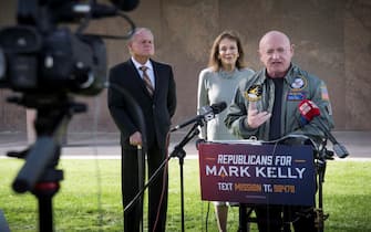 epa10292935 Democratic Senator Mark Kelly, speaks after receiving an endorsement from a prominent group of Arizona Republican leaders, in front of the Arizona State Capital, in Phoenix, Arizona, 07 November 2022. Kelly is in a close race with Republican Blake Masters who is supported by Donald Trump. 
The US midterm elections are held every four years at the midpoint of each presidential term and this year include elections for all 435 seats in the House of Representatives, 35 of the 100 seats in the Senate and 36 of the 50 state governors as well as numerous other local seats and ballot issues.  EPA/Rick D'Elia